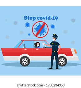 A policeman checks the temperature of a car driver. Quarantine control