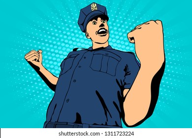 Policeman with a cheerful mood. Retro style pop art. Vector illustration