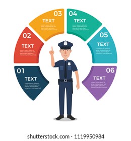 Policeman with circle chart infographic design template. 6 options for presentations