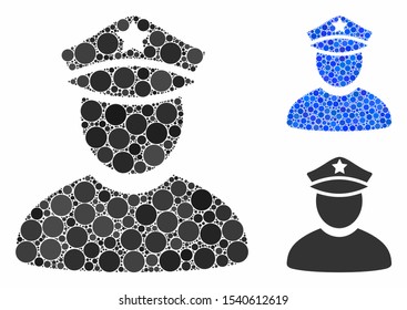 Policeman composition of filled circles in various sizes and shades, based on policeman icon. Vector filled circles are grouped into blue mosaic. Dotted policeman icon in usual and blue versions.