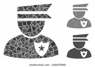 Policeman composition of tremulant pieces in various sizes and color tinges, based on policeman icon. Vector humpy items are grouped into collage. Policeman icons collage with dotted pattern.