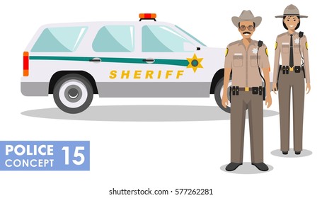 Policeman concept. Detailed illustration of american policeman and policewoman standing together near the police car in flat style on white background. Vector illustration