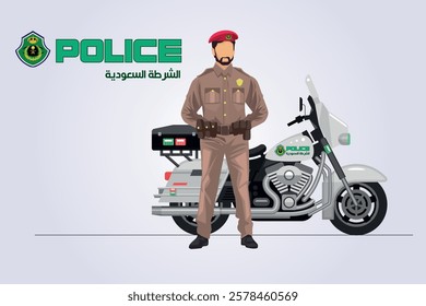 Policeman concept. Detailed illustration of arabian muslim policeman officer and police Motorcycle in flat style . Vector illustration . saudi Policeman