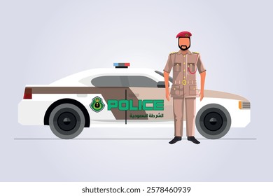 Policeman concept. Detailed illustration of arabian muslim policeman officer and police car in flat style . Vector illustration . saudi Policeman