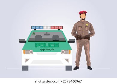 Policeman concept. Detailed illustration of arabian muslim policeman officer and police car in flat style . Vector illustration . saudi Policeman