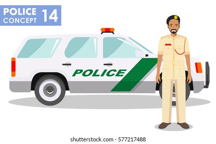 Policeman concept. Detailed illustration of arabian muslim policeman officer and police car in flat style on white background. Vector illustration