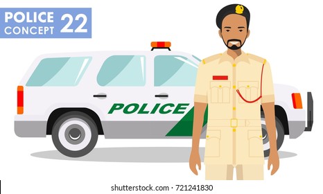 Policeman concept. Detailed illustration of arabian muslim police officer and car in flat style on white background. Vector illustration.