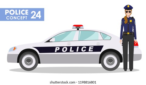 Policeman concept. Detailed illustration of policewoman officer and police car in flat style on white background. Vector illustration.
