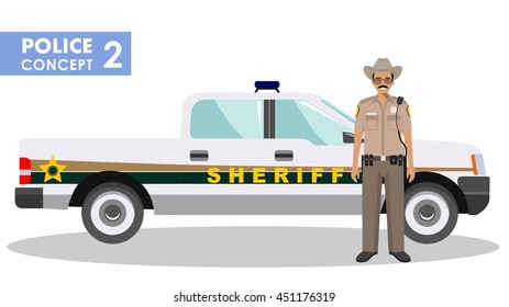 Policeman concept. Detailed illustration of sheriff and police car in flat style on white background. Vector illustration.