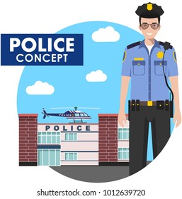 Policeman concept. Detailed illustration of standing police officer in uniform on background with police department and helicopter in flat style. Vector illustration.