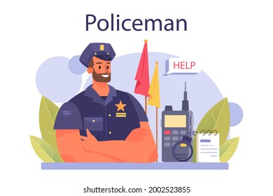 Policeman concept. Detective making interrogation investigating a crime. Police officer patrol the city managing the traffic. 911 service community policing. Flat vector illustration