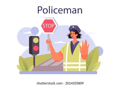 Policeman concept. Detective making interrogation investigating a crime. Police officer patrol the city managing the traffic. 911 service community policing. Flat vector illustration