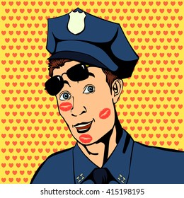 Policeman in the confusion of kisses. Retro comics. Vector illustration