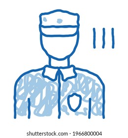 Polizist Control Security Sketch Symbol Vektorgrafik. Handgezeichnete blaue Linie art Policeman Control Security zeichen. einzelne Symbolillustration