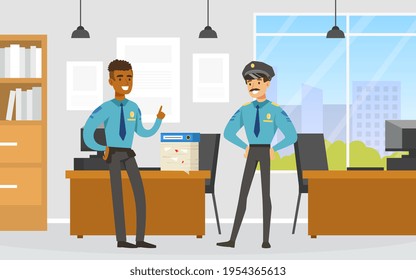 Policeman or Cop as Warranted Law Employee at Police Office Talking to Each Other Vector Illustration