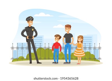 Policeman or Cop as Warranted Law Employee Talking to People Outdoor Vector Illustration