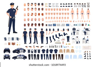 Policeman creation set or DIY kit. Collection of male police officer body parts, facial gestures, hairstyles, uniform, clothing and accessories isolated on white background. Vector illustration.