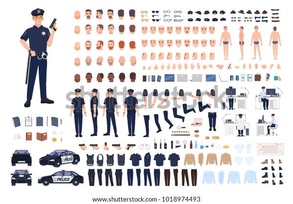 Policeman creation set or DIY kit.\
Collection of male police officer body parts, facial gestures,\
hairstyles, uniform, clothing and accessories isolated on white\
background. Vector\
illustration.