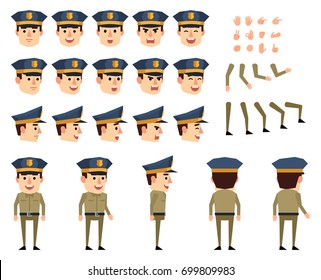 Policeman creation set. Various gestures, emotions, diverse poses, views. Create your own pose, animation. Flat style vector illustration