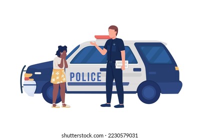 Polizist und weinendes Mädchen, halb flache Vektorgrafiken. Bearbeitbare Zahlen. Vollkörperleute auf Weiß. Einfache Cartoon-Style-Illustration für Web-Grafik-Design und Animation. Bebas Neue Schriftart verwendet