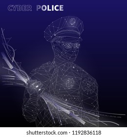 Policeman with data flow in his hand and text “Cyber police”. Tech style vector illustration.