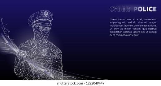 Policeman with data flow in his hand and text “Cyber police”. Tech style vector illustration.