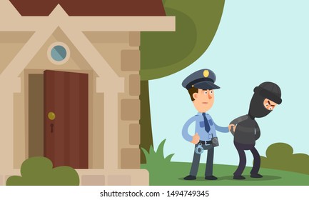 Policeman detained a robber at home. Police officer holding a hand of arrested thief. Security guard caught the thief. Vector illustration, flat design, cartoon style. Side view.