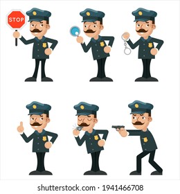 Policeman detective different gestures actions police characters set cartoon flat design vector illustration