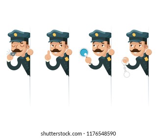 Policeman detective magnifying glass handcuffs police whistle look peeking out of corner cartoon flat design vector illustration