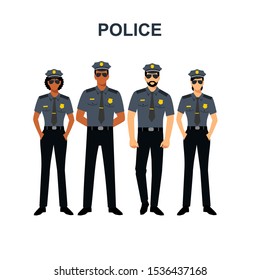 Policeman with different skin colors of men and women. Cops African Americans and Europeans isolated on the white background.