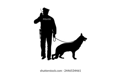 Policeman with dog, black isolated silhouette