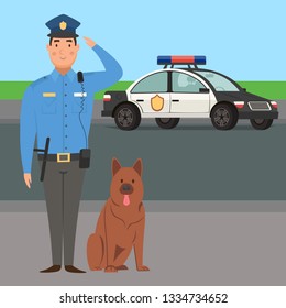 Policeman with dog and car in flat cartoon style. Vector illustration