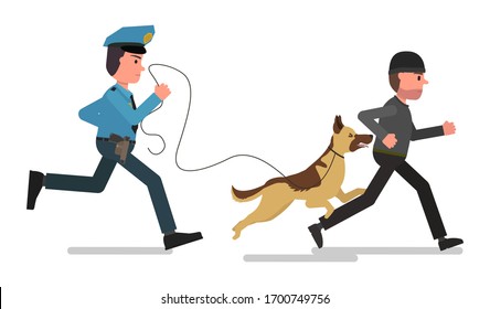 A policeman with a dog is chasing a suspect. Vector illustration. Flat style design.