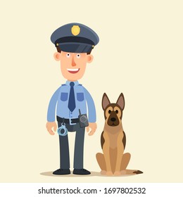 Un policía con un perro. Oficial de policía sentado al lado de un perro policía. Ilustración vectorial, diseño plano, estilo caricatura, fondo aislado.