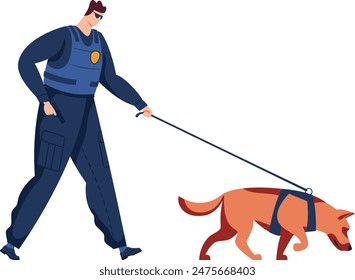 Policeman dressed dark blue uniform walking brown guard dog leashed, law enforcement patrol security duty, male officer occupation canine training session, isolated white background, vector