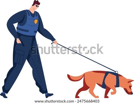 Policeman dressed dark blue uniform walking brown guard dog leashed, law enforcement patrol security duty, male officer occupation canine training session, isolated white background, vector