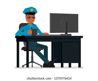 The policeman drinks coffee. Vector illustration, flat style drawing. Isolated on a white background.