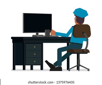 The policeman drinks coffee. Vector illustration, flat style drawing. Isolated on a white background.