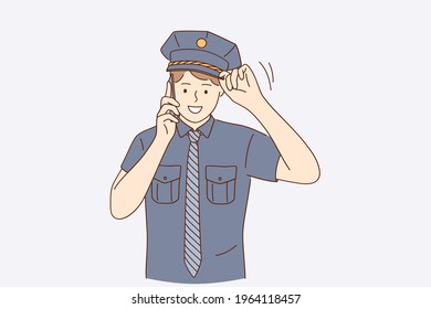 Policeman during work concept. Young handsome positive policeman wearing police uniform talking on smartphone outdoors vector illustration 