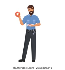 Policeman eating donuts. Police officer having lunch, working break cartoon vector illustration