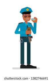 A policeman eating a hamburger and drinking coffee. Isolated on a white background.