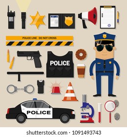 Policeman and Equipment Icons Set in Flat Style