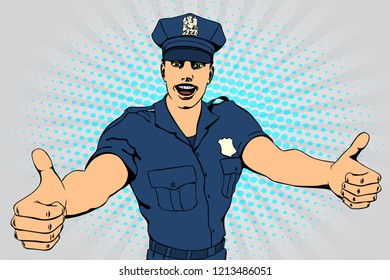 Policeman exults. Retro style pop art. Vector illustration