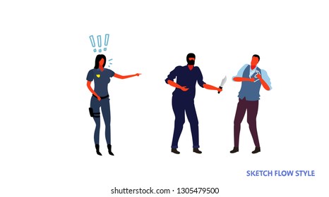 policeman female officer trying to control masked thief holding knife attacking man with wallet dangerous robber arrest concept sketch flow style horizontal full length