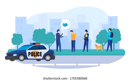 Ilustración vectorial del interruptor de cuarentena fino del policía. Arreste a un hombre sin máscara protectora durante la cuarentena de virus, epidemia. camión de policía en la calle, personaje con perro mirando el arresto.