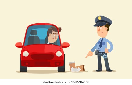 Policeman fines driver for throwing garbage out of car window. Driver littering on road, coffee cup, napkins food leftovers. Stop throwing trash. Vector illustration, flat cartoon style, isolated.