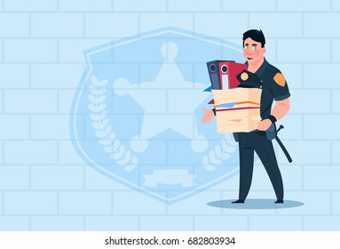 Policeman Fired Hold Box With Working Staff Wearing Uniform Cop Guard Over Brick Background Flat Vector Illustration