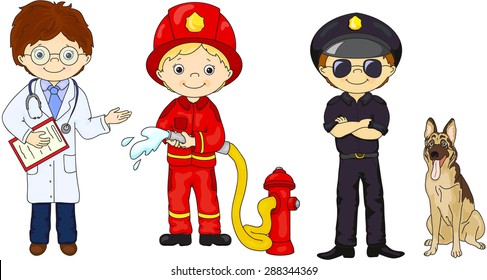 Policeman, Fireman And Doctor In Their Uniform. Vector Illustration