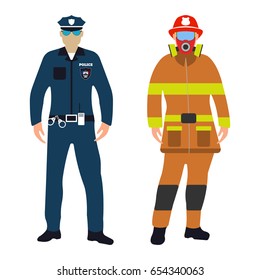 Policeman and Fireman flat icon. Service 911. Cartoon Vector illustration.