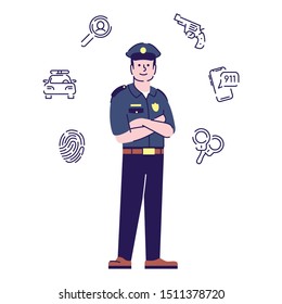 Policeman flat vector character. Police officer, cop in uniform cartoon illustration with outline and linear icons. Sheriff, inspector. Security guard, police patrol worker with hat isolated on white